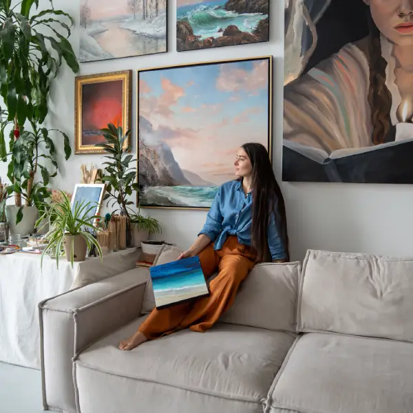 Light-filled apartment living room with artwork