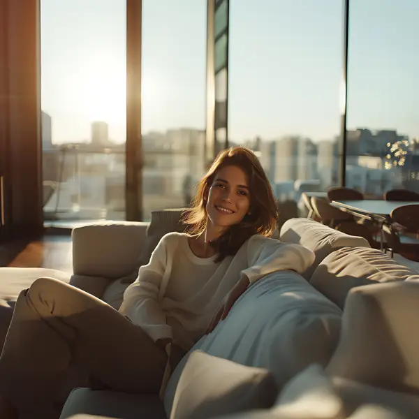 Guest enjoying quiet morning in city apartment